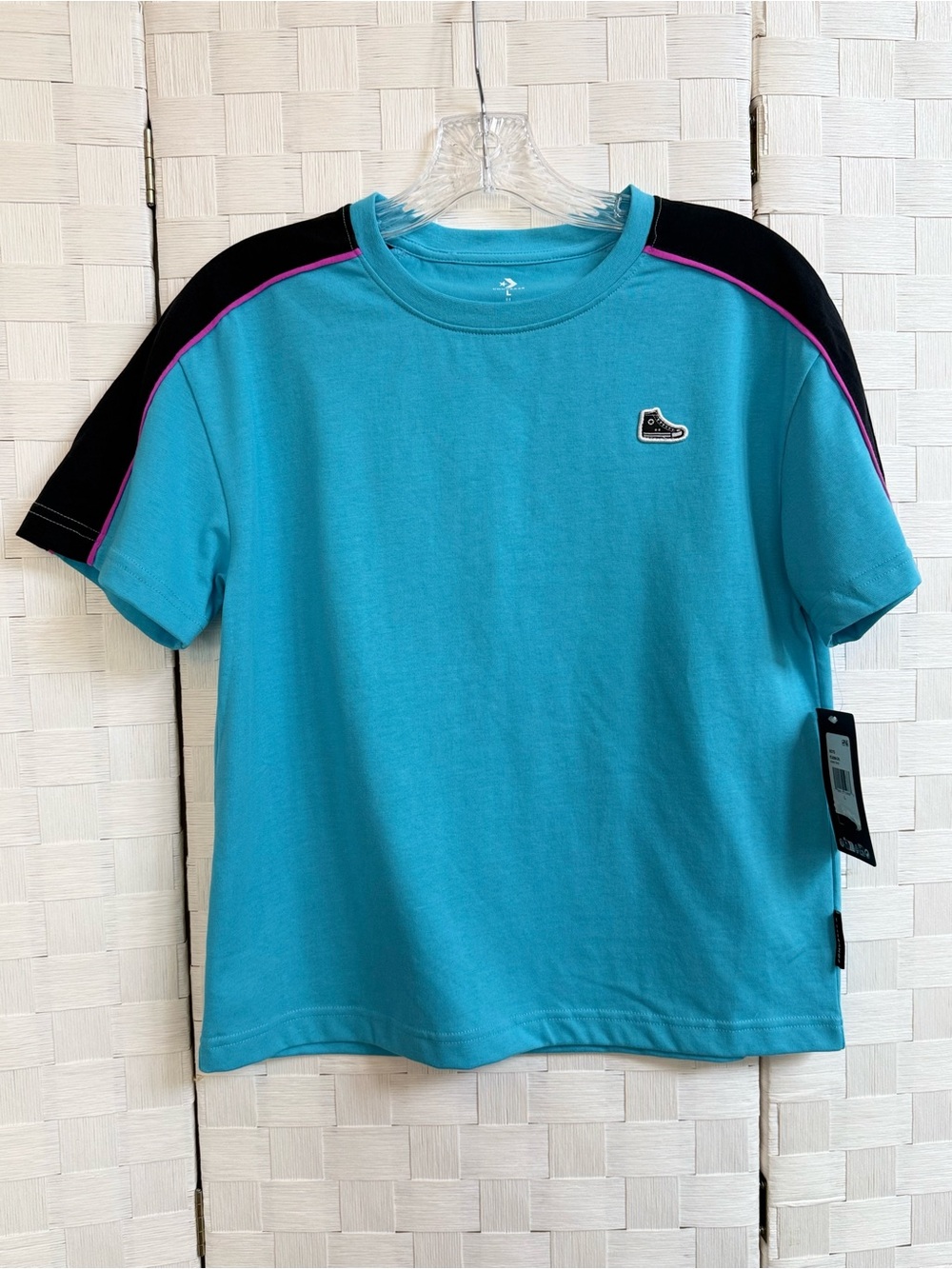 Converse Teal Short Sleeve Tee with Black Shoulders and Pink Trim